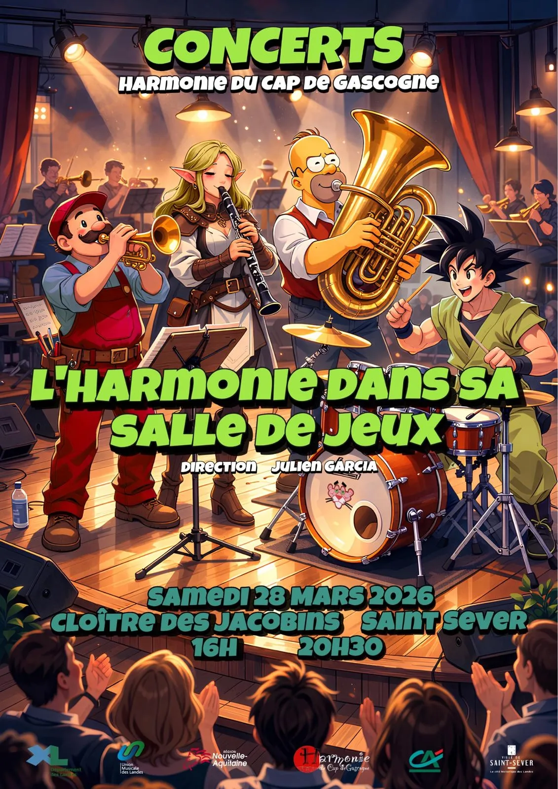 Affiche du concert « L'Harmonie dans sa salle de jeux » : des personnages de jeux vidéo et de dessins animés jouant des instruments sur la scène d'une salle de concert